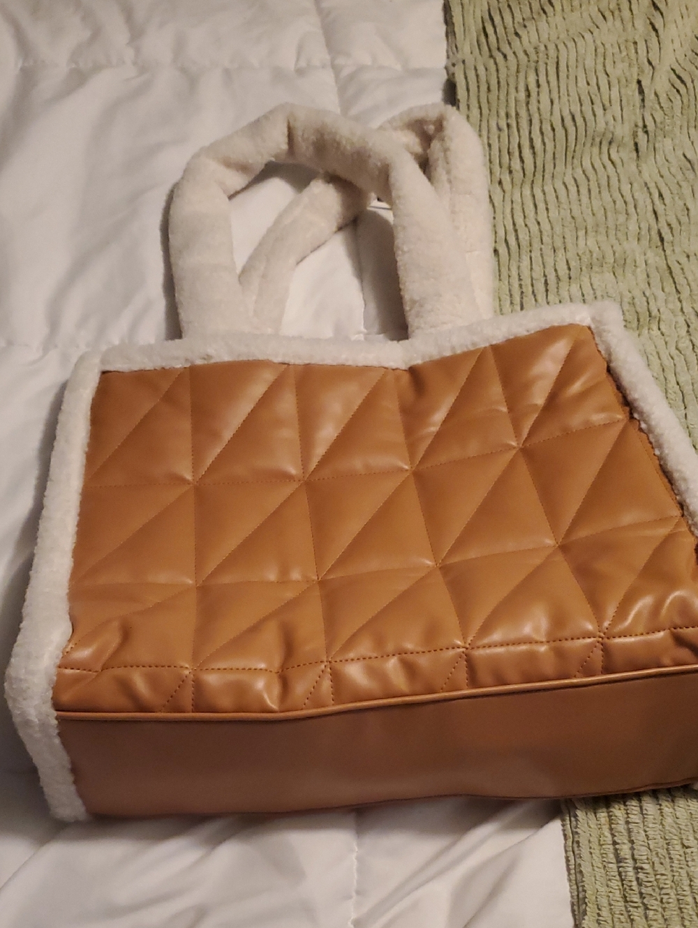 Quilted Faux-Leather Tote with Sherpa Trim - Camel/White